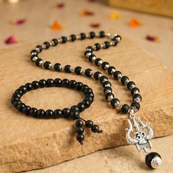 Divine Protection Combo: Certified Karungali Mala & Bracelet with OM Shiva Trishul Pendant - Image 2