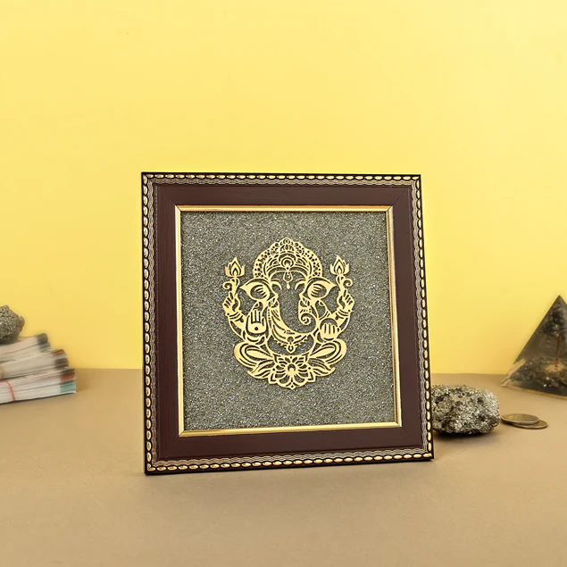 Lord Ganesha Raw Pyrite Frame | Brings Good Luck & Abundance with FREE Raw Pyrite Stone - Image 2