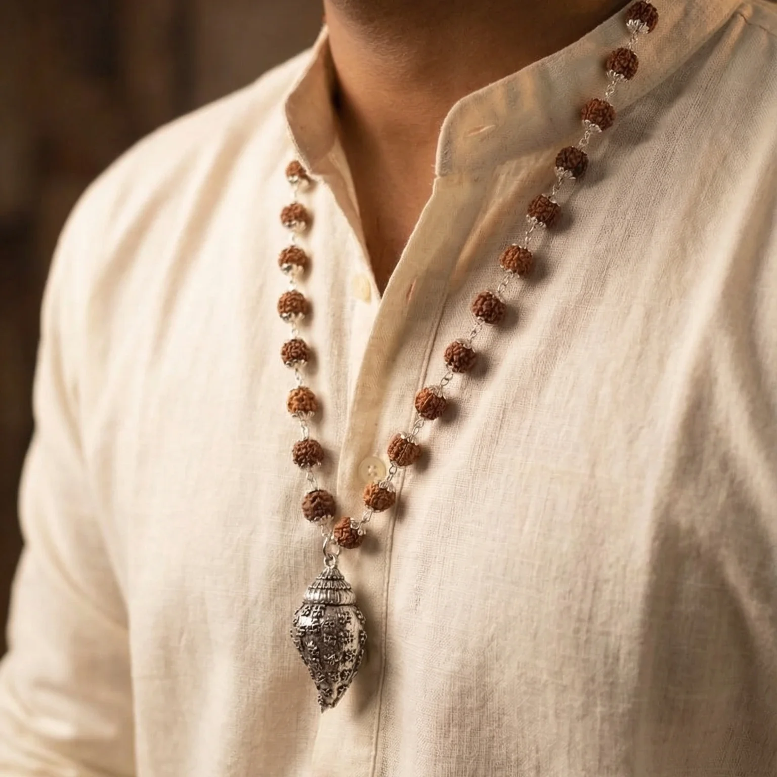 Rudrakha Mala With Shankh Pendant - Image 4
