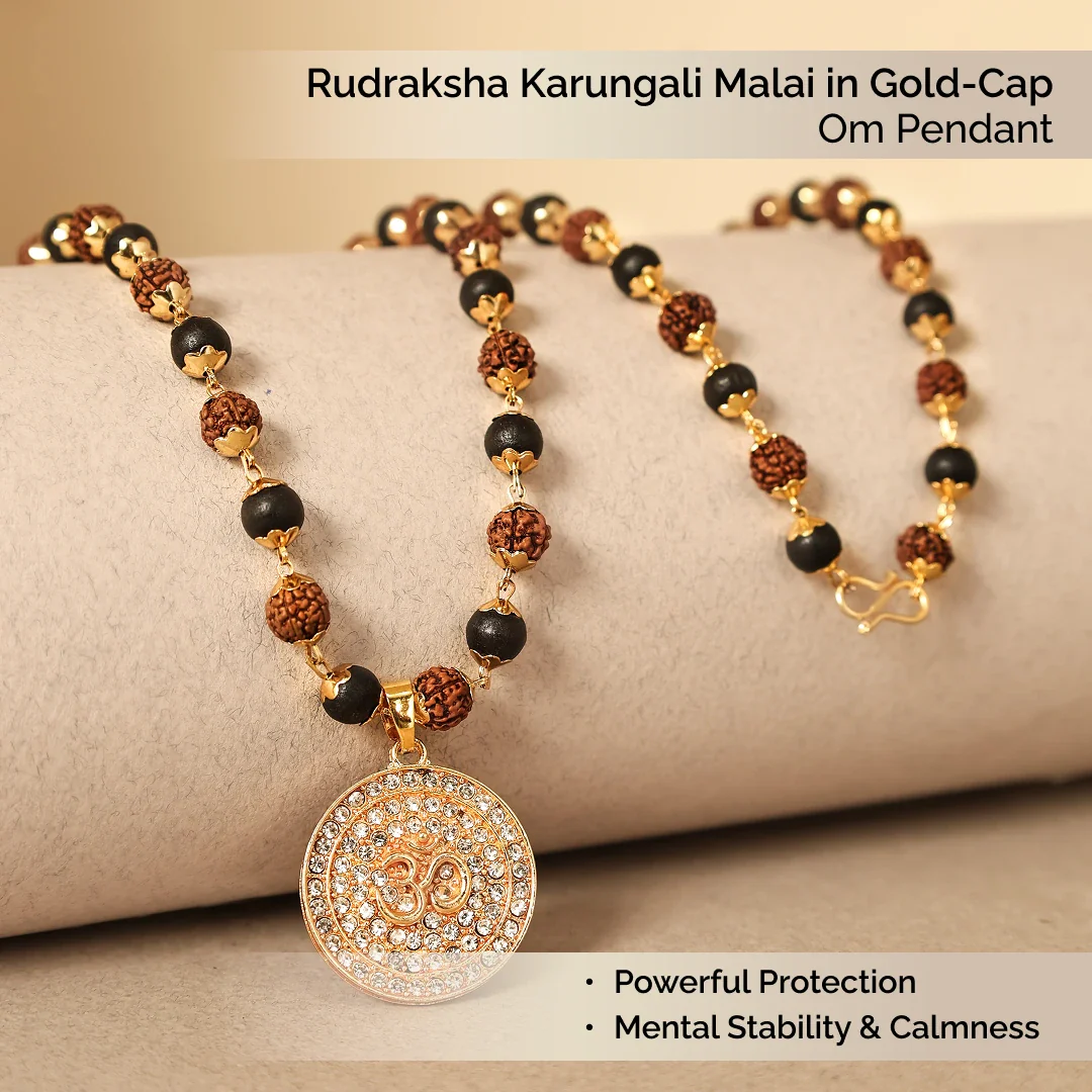 Rudraksha Karungali Malai in Gold-Cap with Om Pendant - Image 2