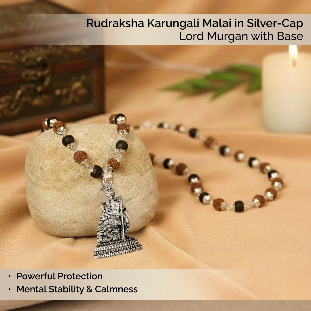 Rudraksha Karungali Malai in Silver-Cap with Lord Murugan with Base - Image 2