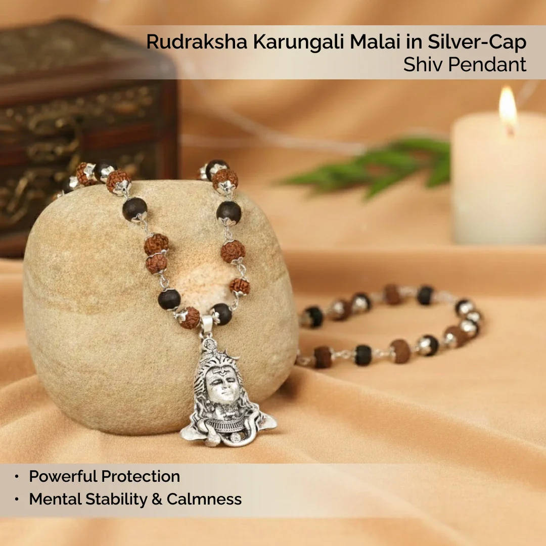 Rudraksha Karungali Malai in Silver-Cap with Shiv Pendant - Image 2