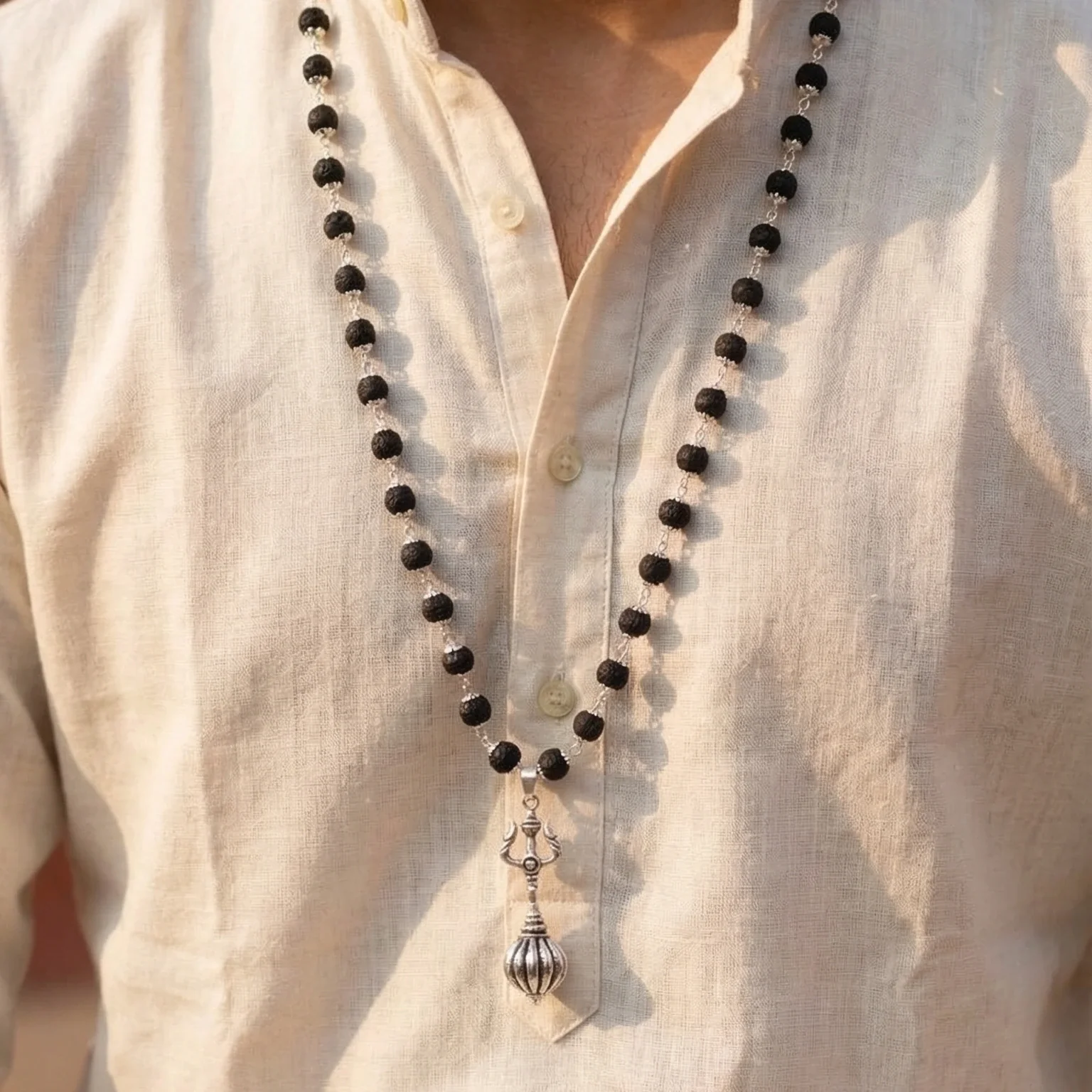 Silver Cap Karungali Mala With Hanuman Gada And Trishul - Image 3