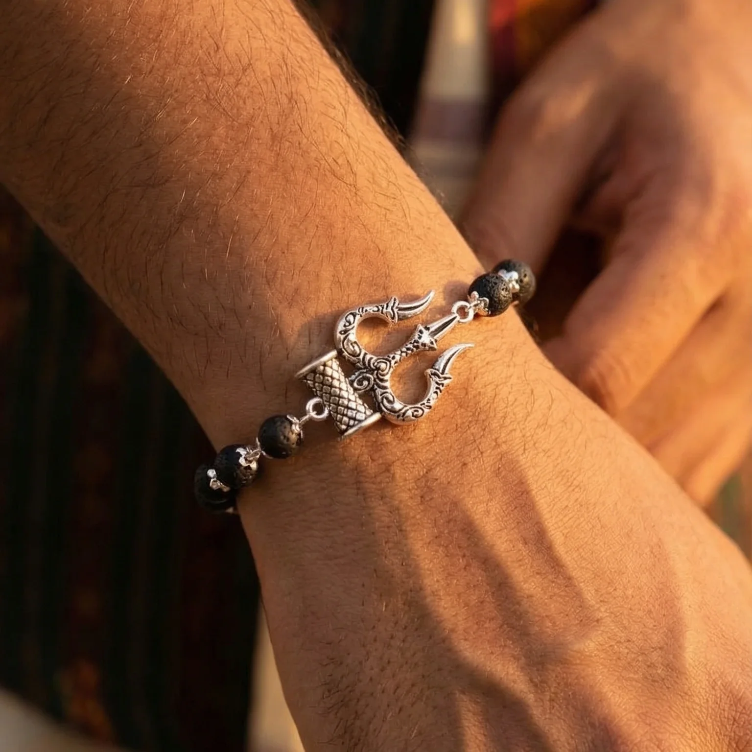 Silver Cap Karungali Trishul Damroo Bracelet - Image 2