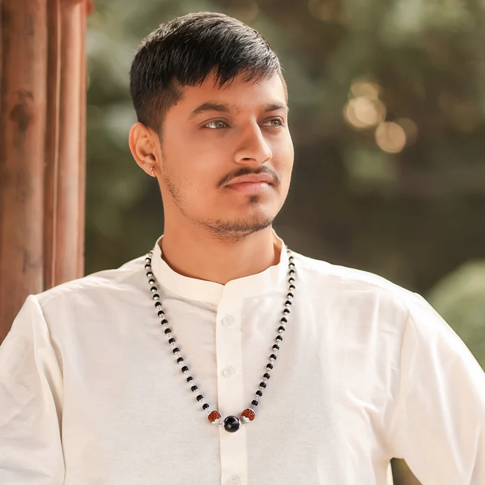 Silver Capped Karungali Malai with 6 Mukhi Rudraksha & Black Bead - Image 3