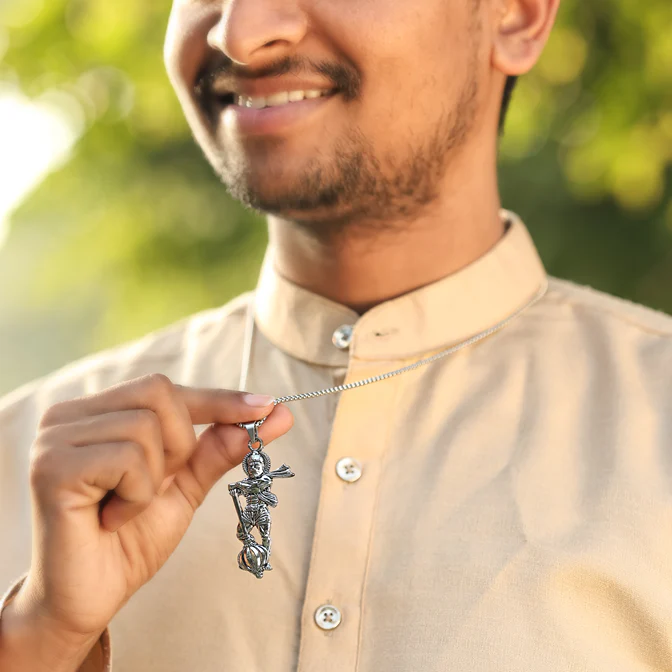Silver Plated Standing Hanuman Gadha Pendant - Image 2
