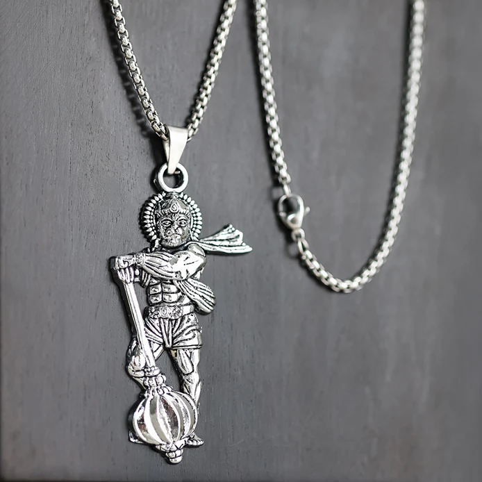 Silver Plated Standing Hanuman Gadha Pendant - Image 3