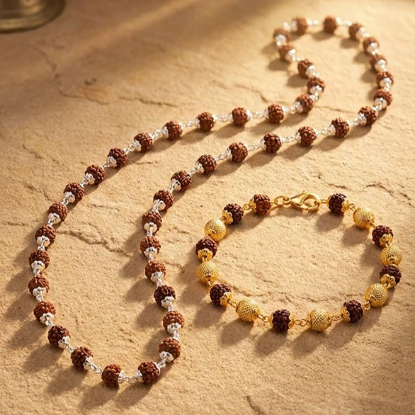 Vijaya Shakti Set: Authentic 54-Bead Rudraksha Necklace with Gold-Linked Unisex Bracelet - Image 2